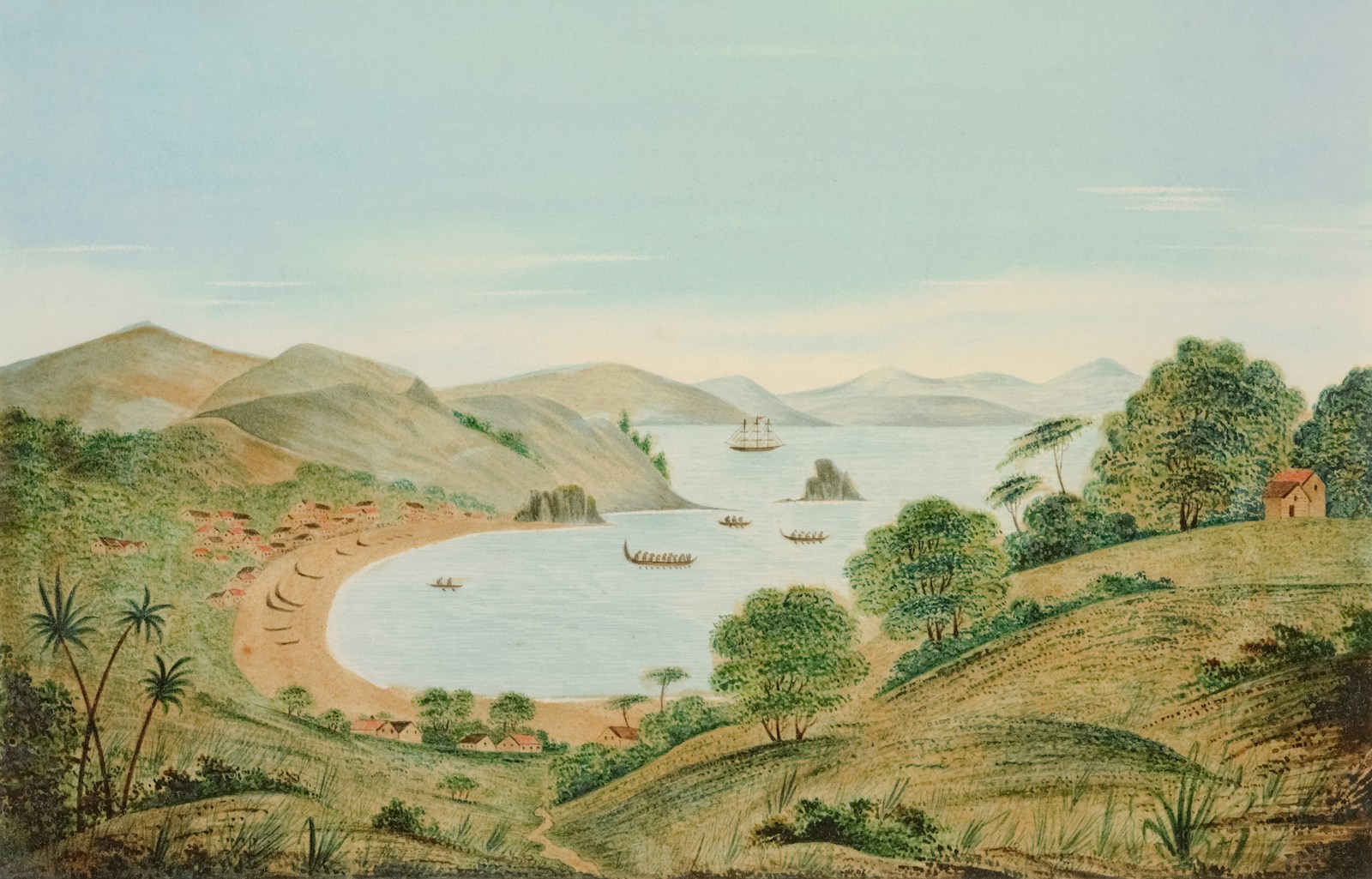 a painting of a lake surrounded by mountains